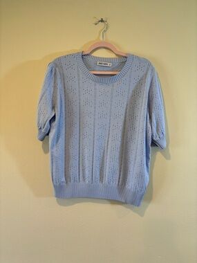 Grace Karin Pale Blue Short Sleeve Eyelet Knit Sweater